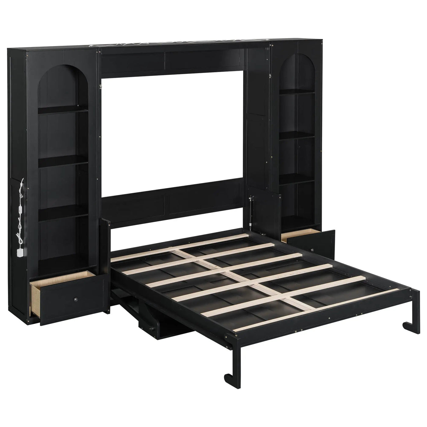 French Style Murphy Platform Bed With Shelf, Side Cabinets, Drawers And LED by HouseOfZazla