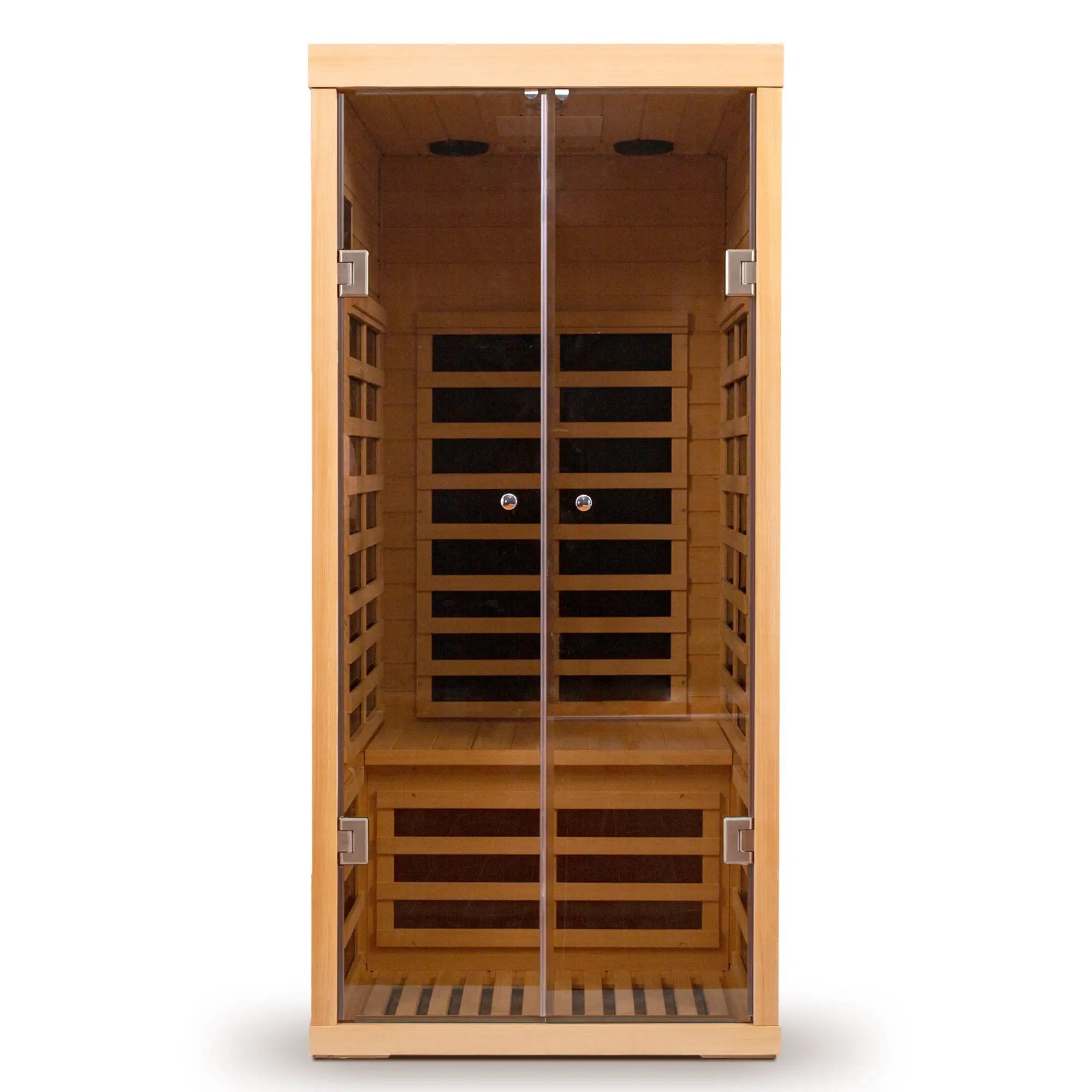 Luxury Indoor Low EMF Far Infrared Sauna Room with Hemlock Wood and Glass Double Doors by HouseOfZazla