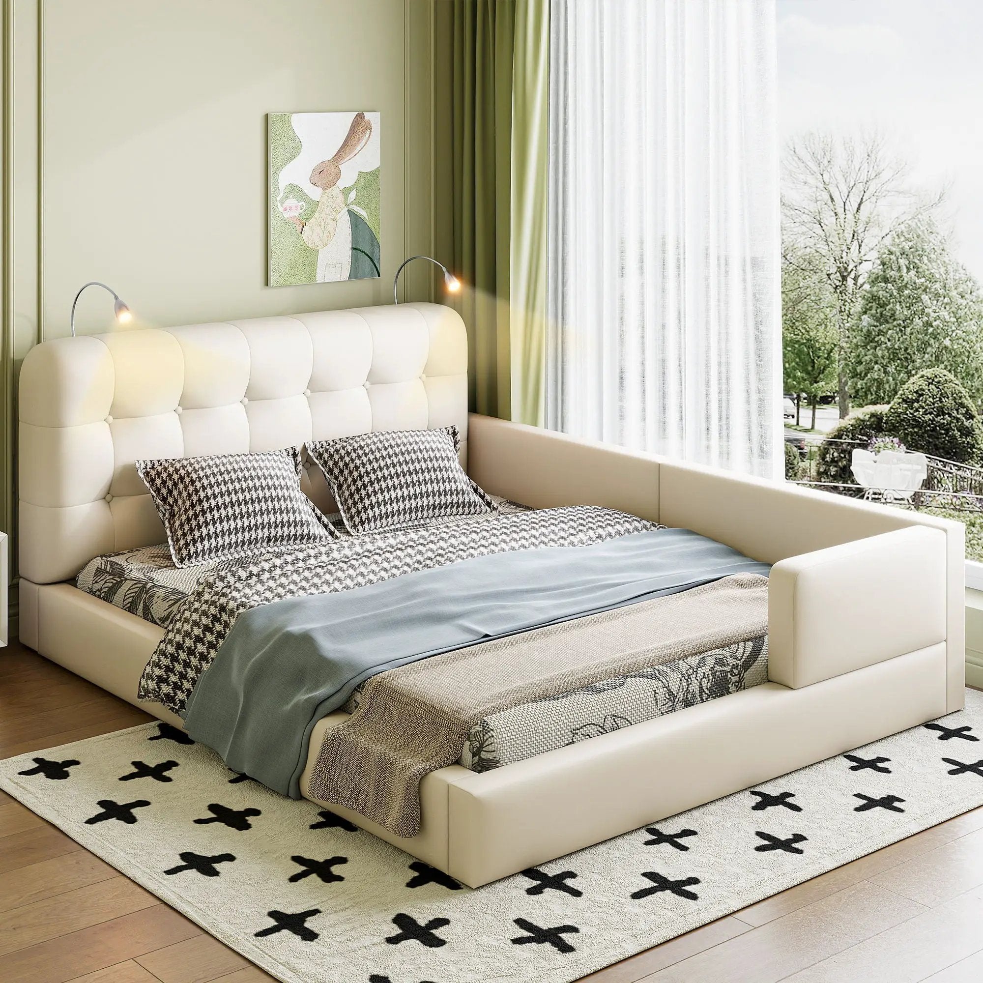 Queen Size Upholstered Platform Bed With 2 Reading Lights - White by HouseOfZazla