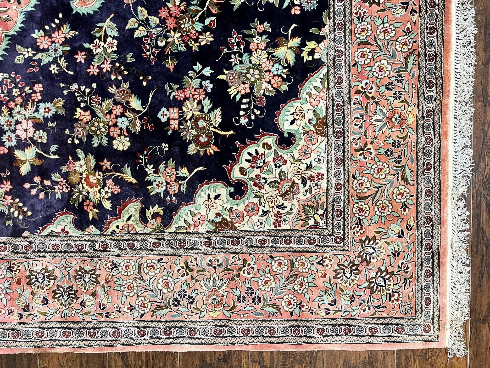Stunning Silk Persian Qum Rug 7x9, Finely Hand Knotted Navy Blue & Salmon Floral Medallion Authentic Oriental Carpet, Vintage Handmade Silk Ghom Rug, Silk on Silk by Jewel Rugs