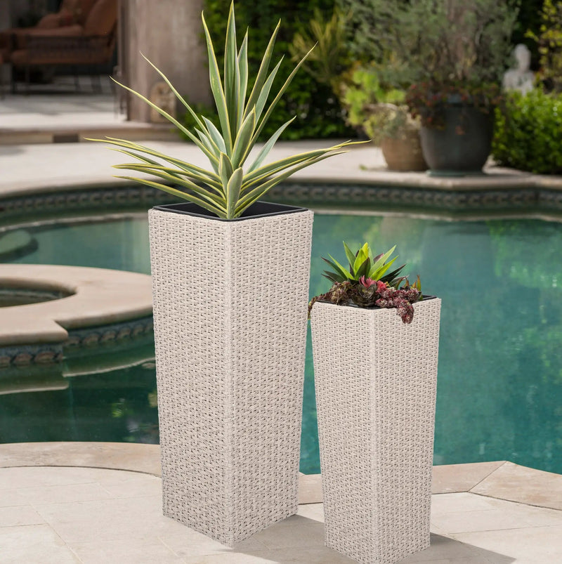 Outdoor PE Wicker Flower Pots, 2-Pcs Set, Beige by HouseOfZazla