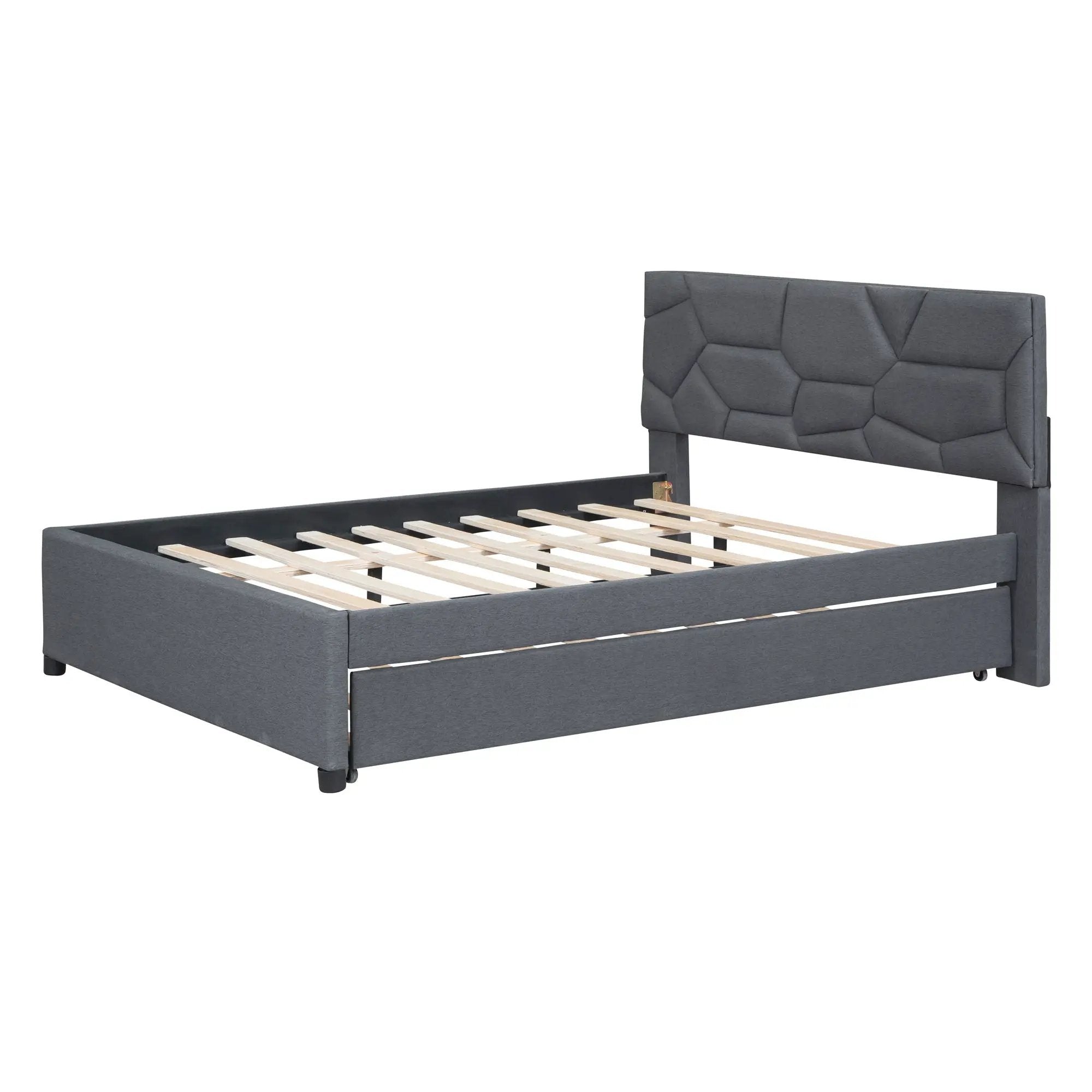 Upholstered Platform Bed With Brick Pattern Headboard And Twin Long Size Trundle by Unique Piece Furniture