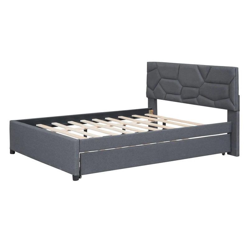 Upholstered Platform Bed With Brick Pattern Headboard And Twin Long Size Trundle by HouseOfZazla