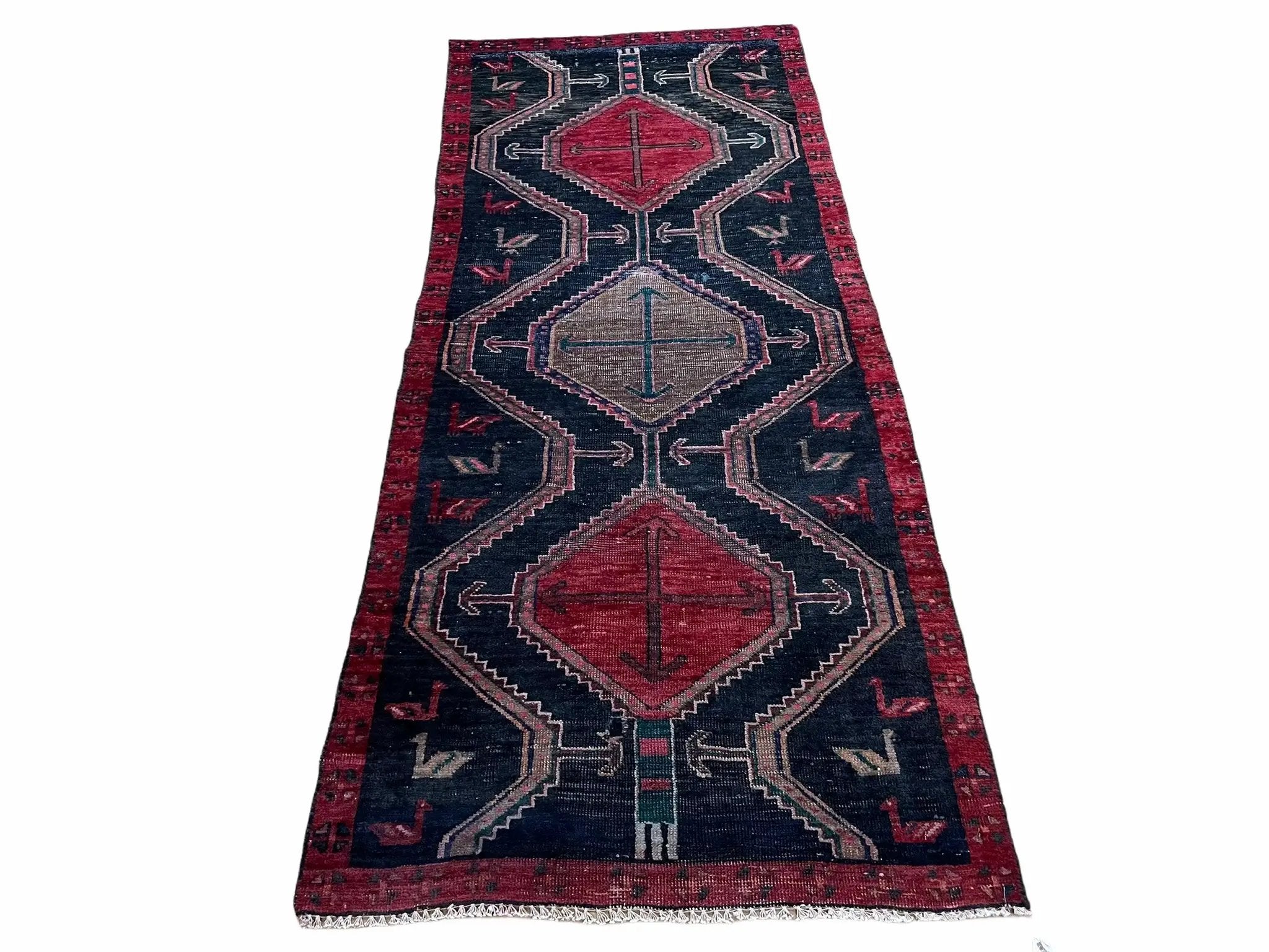 3 X 7 Handmade Wool Tribal Runner Rug Geometric Red Blue Boho Organic Dyes by Jewel Rugs