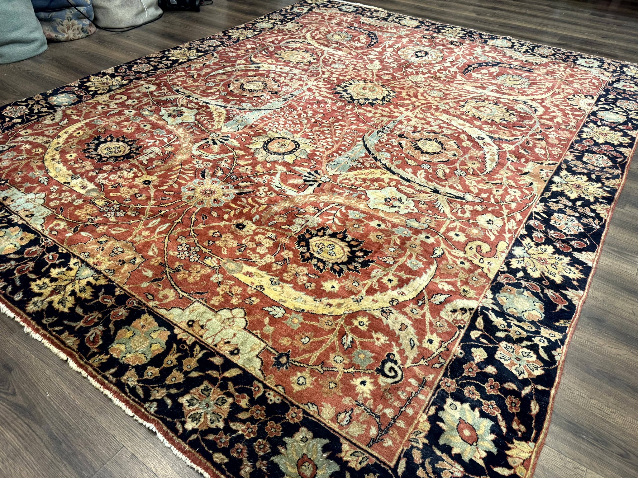 Indian Agra Rug 9x11, Terracotta and Navy Blue, Sickle Leaf Rug by Jewel Rugs