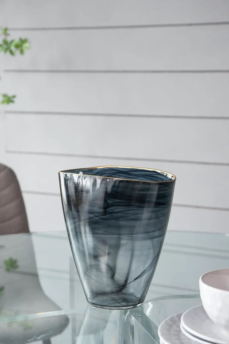 9.3x4.7x9.3' Smokey Black Glass Vase with Gold Rim by HouseOfZazla