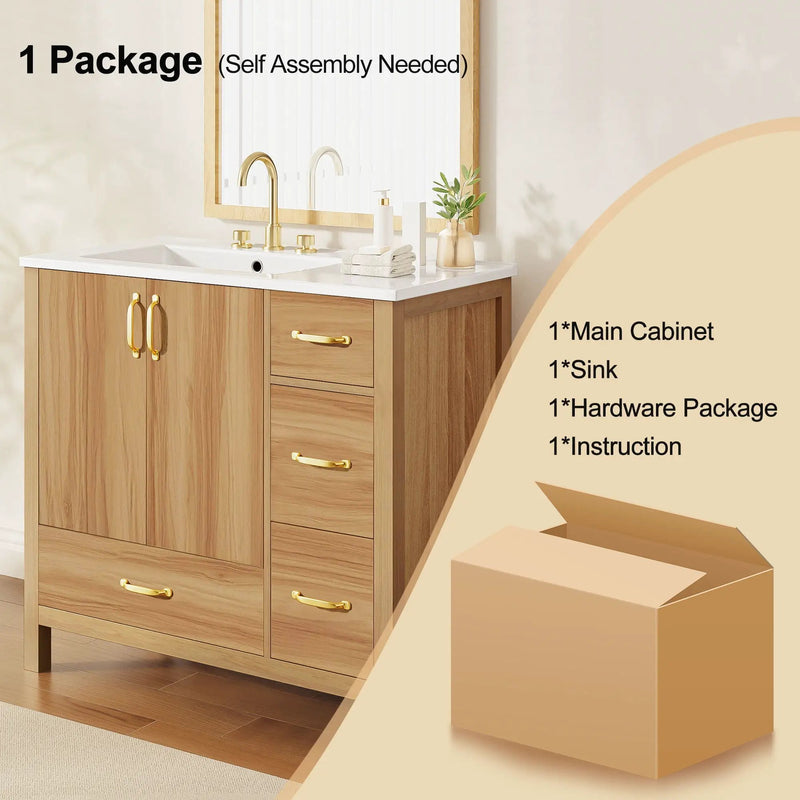 36" Bathroom Vanity, 2 Soft Close Doors, 4 Soft Close Drawers, Adjustable Shelf, Storage Cabinet - Acacia Wood by HouseOfZazla