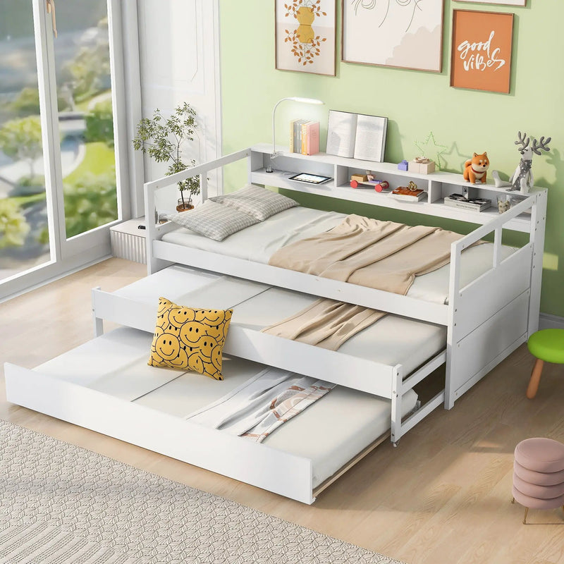 Daybed With 2 Trundles, 3 Storage Cubbies, Built In USB Charging Light by HouseOfZazla