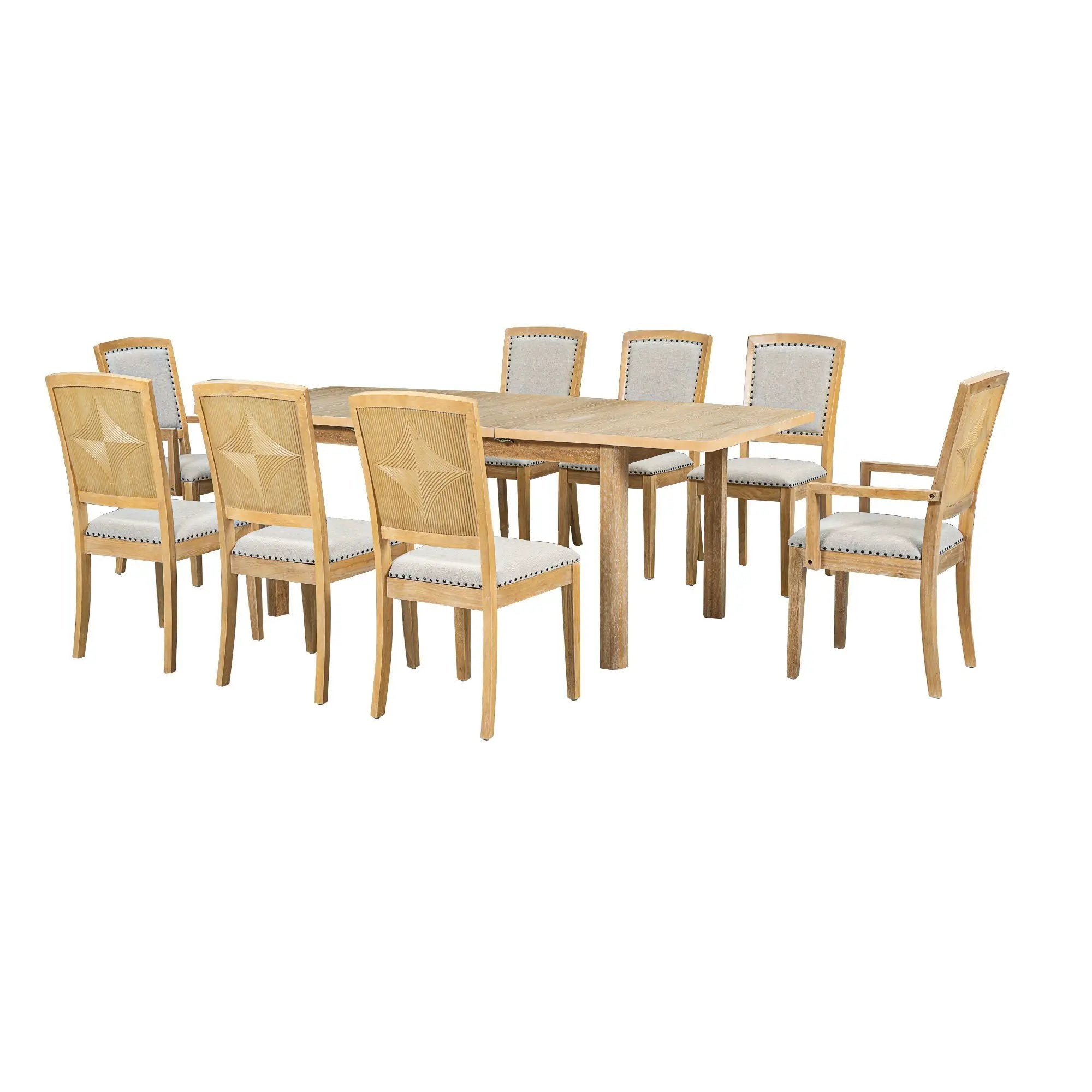 Topmax - Rustic Extendable Dining Table Set With Removable Leaf, 6 Upholstered Armless Dining Chairs And 2 Padded Arm Chairs, 9 Pieces by HouseOfZazla