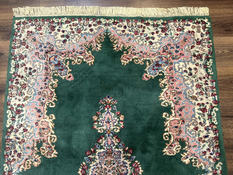 Persian Kerman Rug 4x6, Green Ivory Pink, Wool Vintage, Semi Open Field by Jewel Rugs