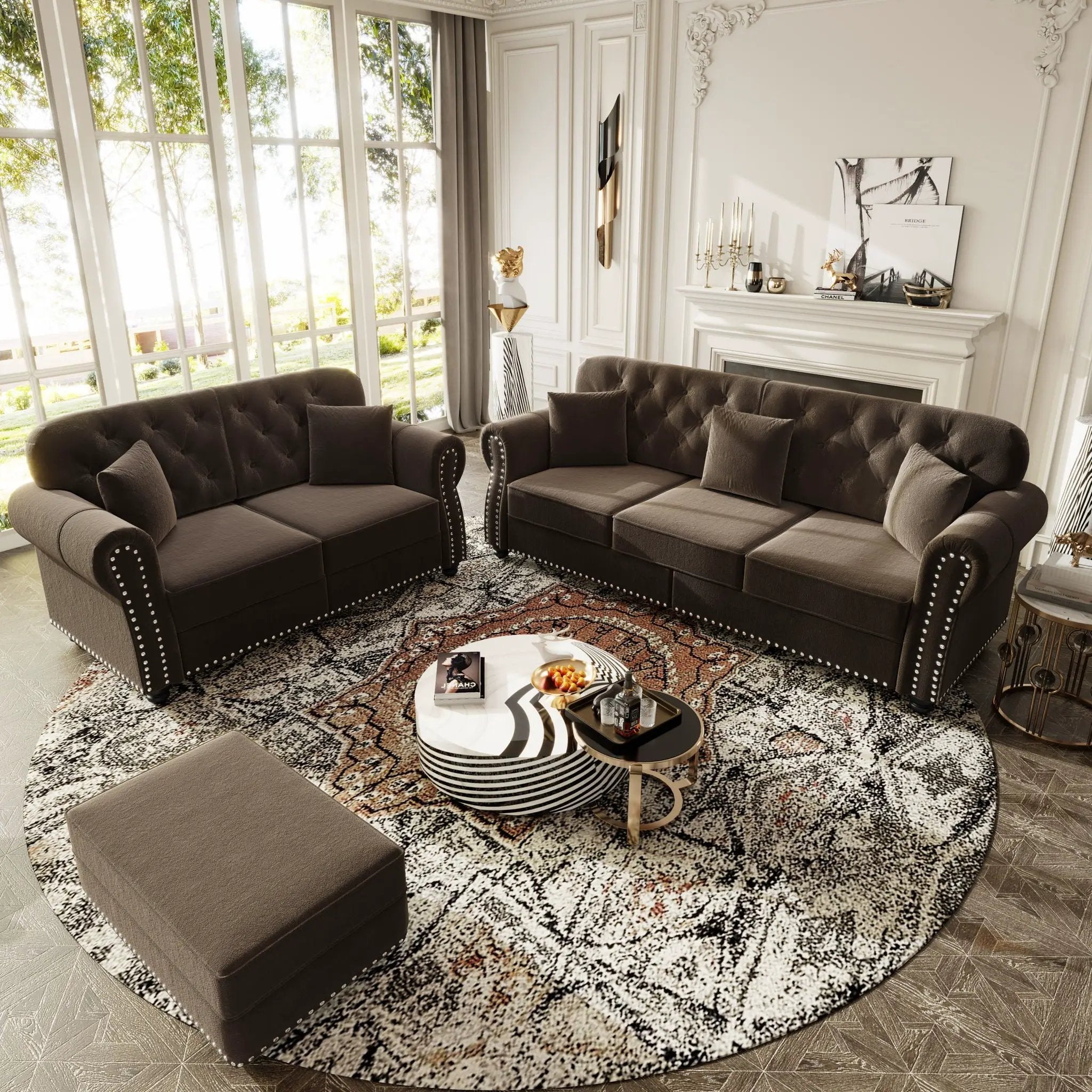 Upholstered Sofa Set With Nailhead Trim And Rolled Armrests, Includes Pillows