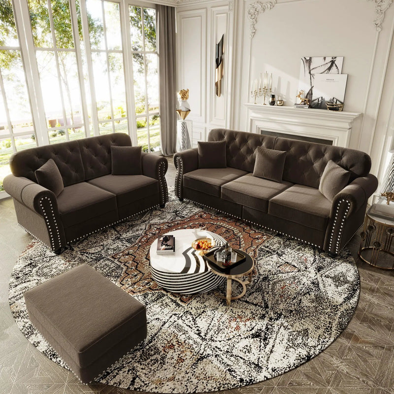 Upholstered Sofa Set With Nailhead Trim And Rolled Armrests, Includes Pillows