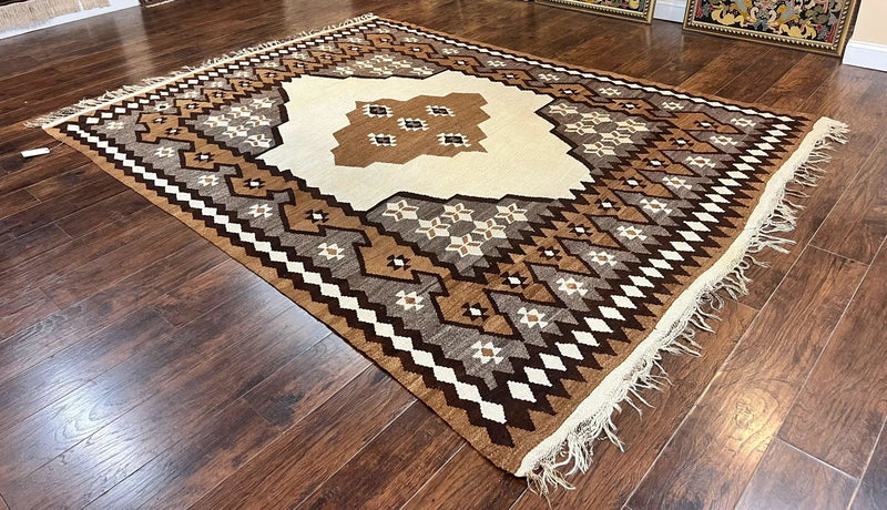 Antique Persian Fars Kilim Rug 8x11, Wool, Boho Tribal Persian Shiraz Flatweave Carpet, Semi Open Field, Geometric, Handmade, Vintage Semi Antique by Jewel Rugs