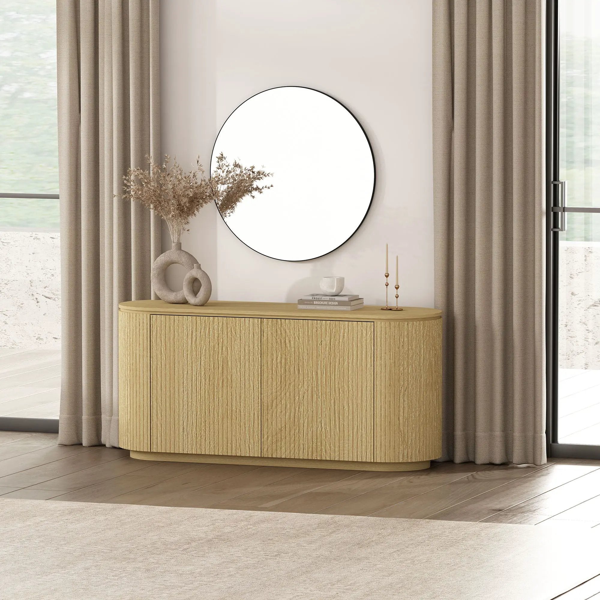 Olivia - Sideboard With 4 Adjustable Shelves With Handle Free Doors And Rounded Edges - Oak by HouseOfZazla