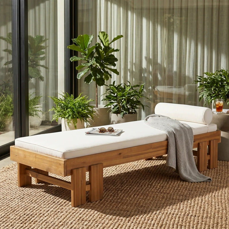 Teak Finish Acacia Wood Daybed with Cream Cushion by HouseOfZazla