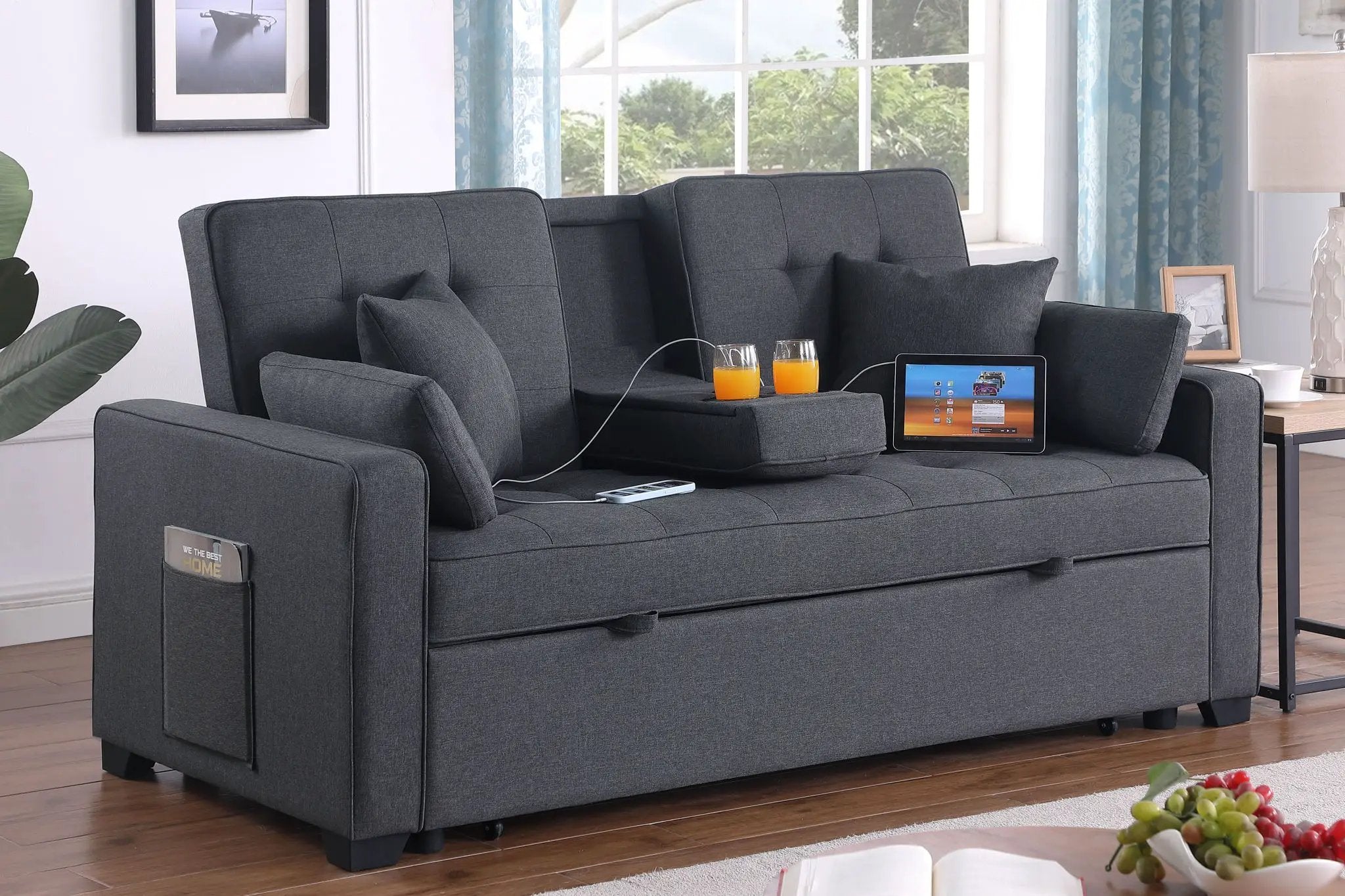 Cody II - Convertible Sleeper Loveseat With Cup Holder, Charging Ports and Pocket - Dark Gray by Unique Piece Furniture