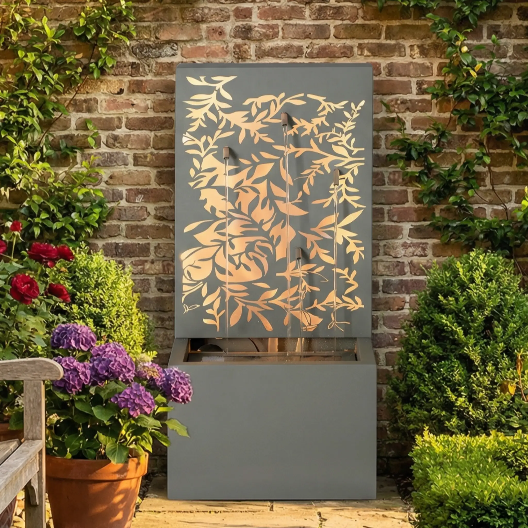 30.71' Light Gray Metal Leaf Cutout Outdoor Water Wall Fountain with LED Lights by HouseOfZazla