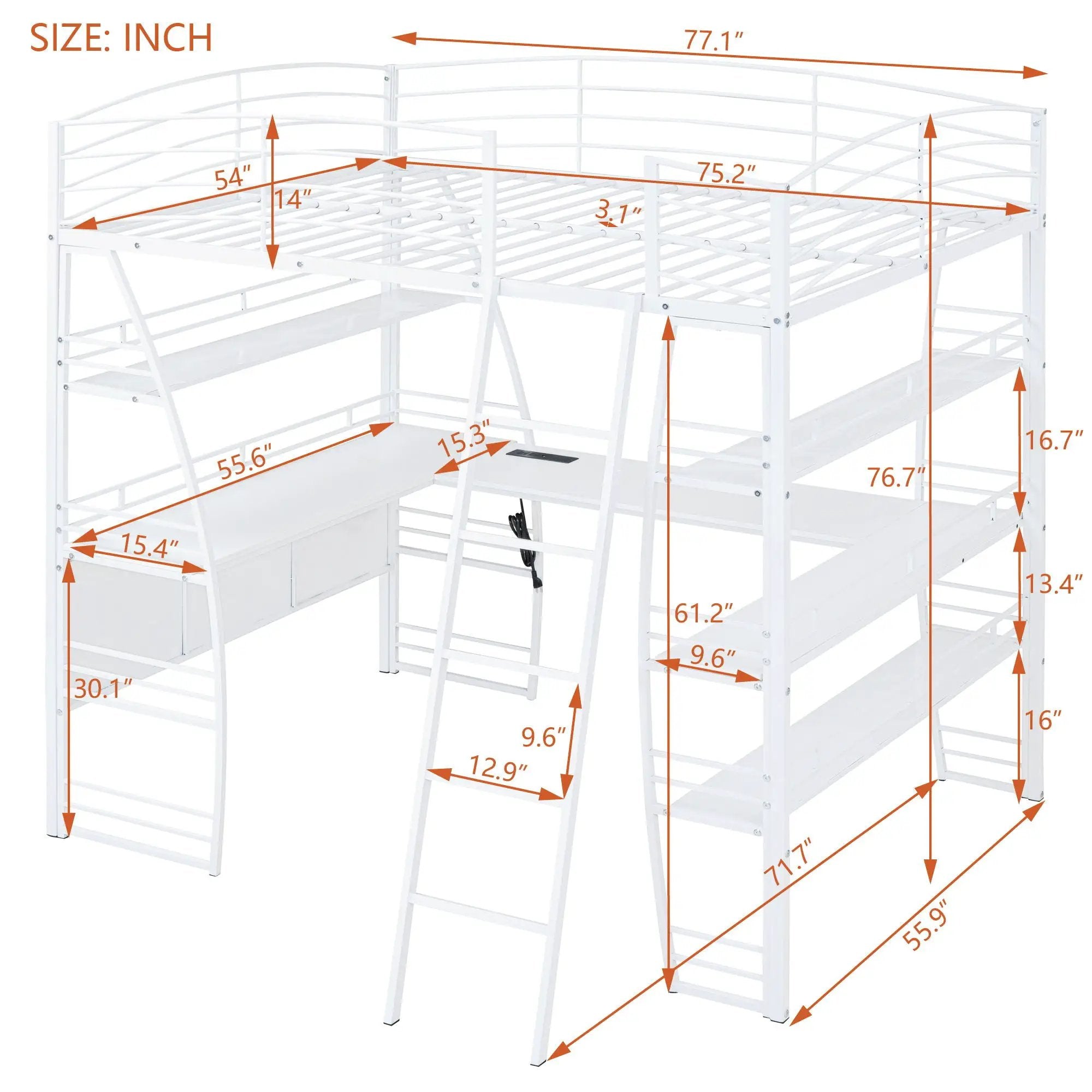 Loft Bed With 4 Layers Of Shelves And L-Shaped Desk, Stylish Metal Frame Bed With A Set Of Sockets, USB Ports And And Wireless Charging by HouseOfZazla