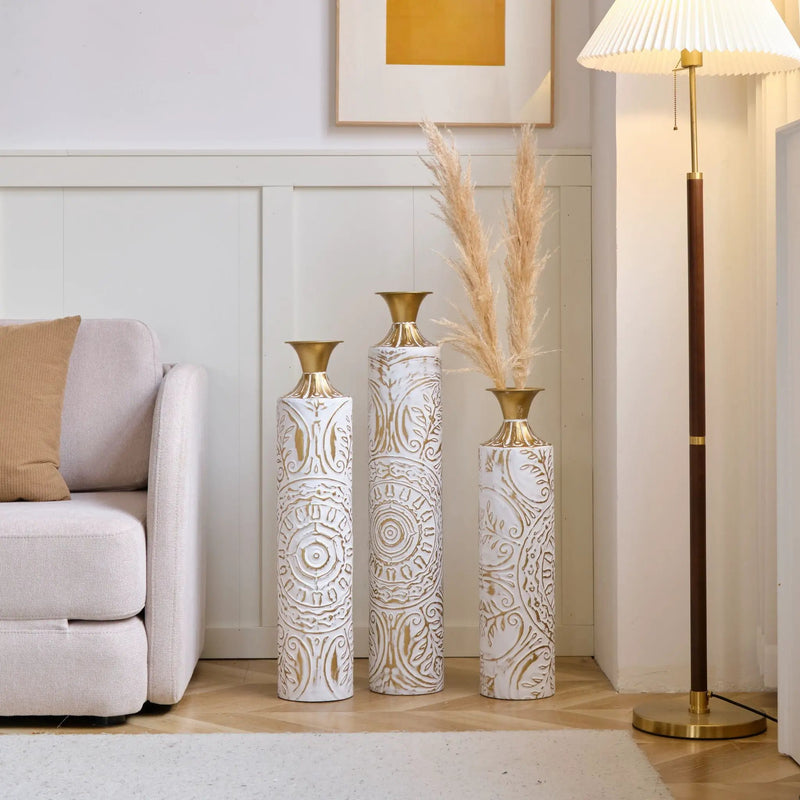 Floor Metal Vases Decorated Metal Vases (Set of 3) Gorgeous Home Decoration Large Glazed Metal Vases - White / Gold by HouseOfZazla