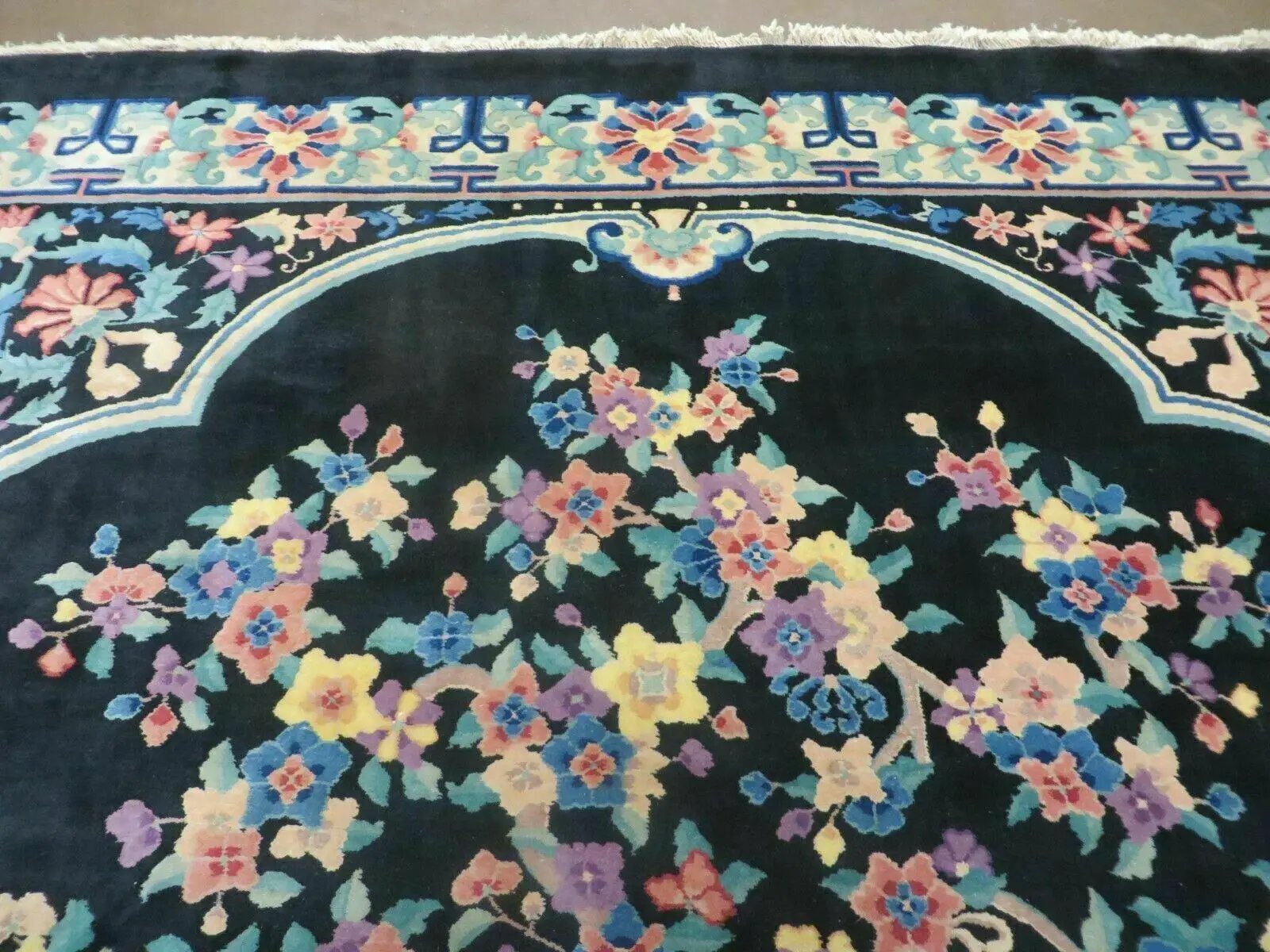 Black Chinese Wool Rug 8x10, Art Deco Floral Carpet, Soft Plush Pile by Jewel Rugs