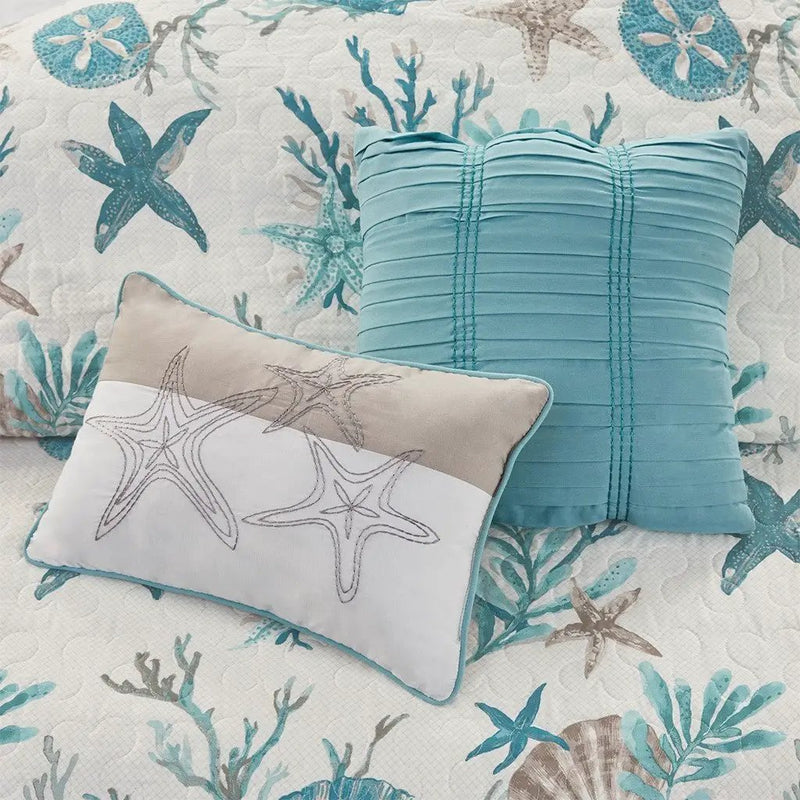 6 Piece Cotton Sateen Quilt Set with Throw Pillows Aqua Full/Queen by HouseOfZazla