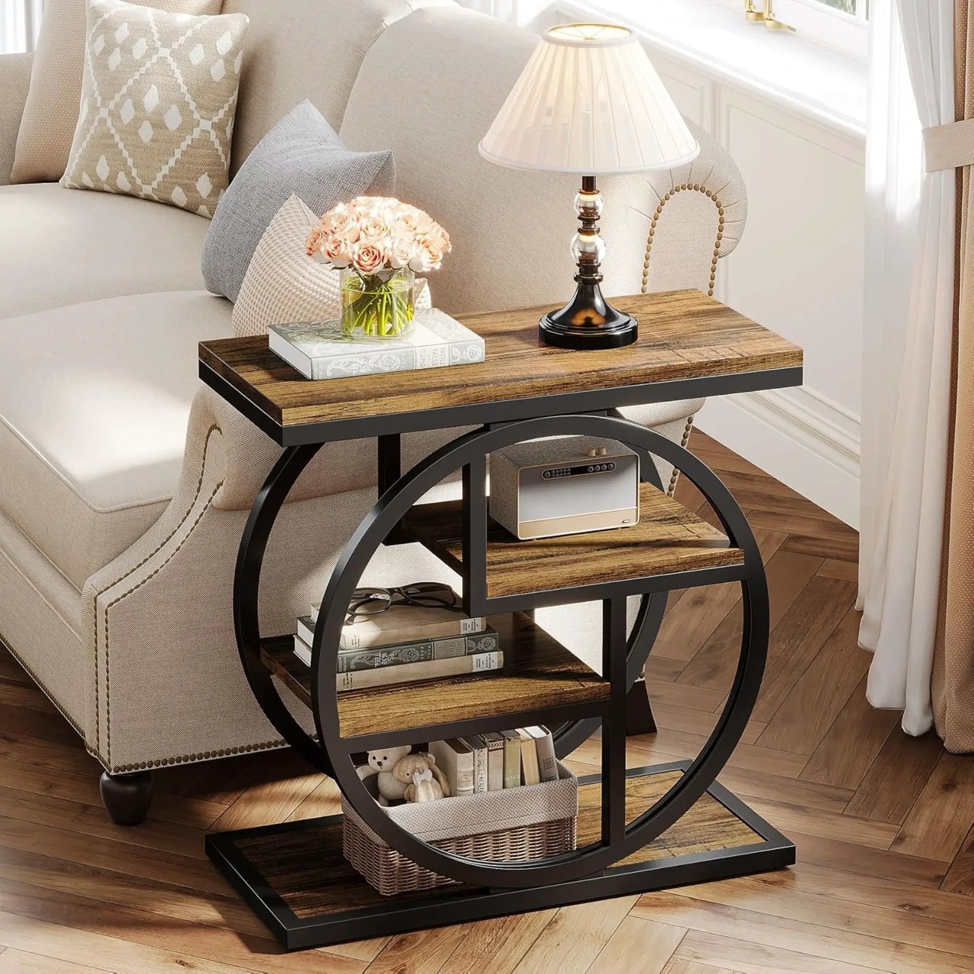 4 Tier Narrow End Table With Storage Shelves For Living Bedroom, Small Spaces - Rustic Brown by HouseOfZazla