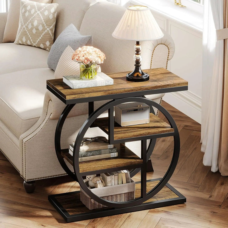 4 Tier Narrow End Table With Storage Shelves For Living Bedroom, Small Spaces - Rustic Brown by HouseOfZazla