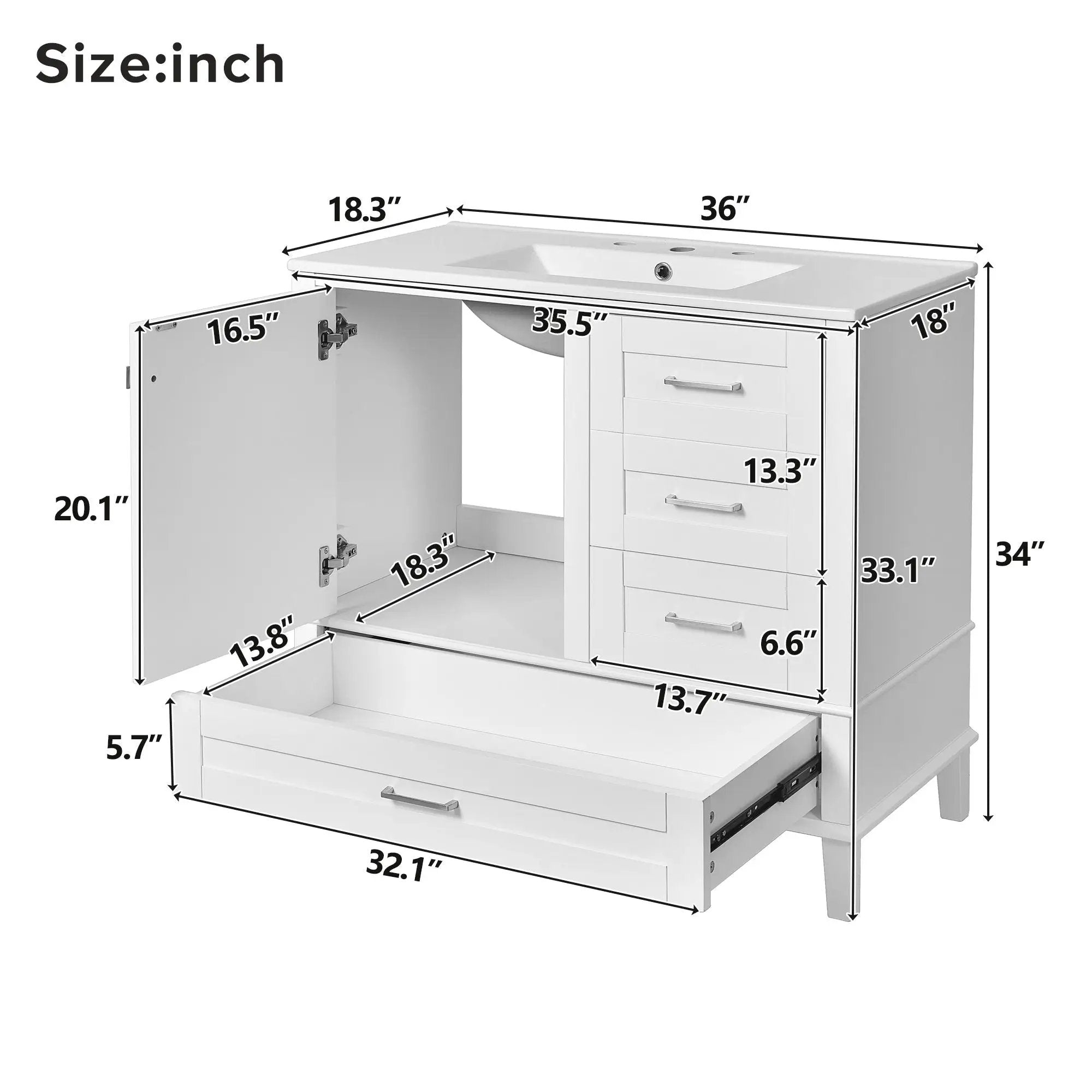 Bathroom Vanity, Modern Bathroom Cabinet With Sink Combo Set, Bathroom Storage Cabinet With A Soft Closing Door And 3 Drawers, Solid Wood Frame by HouseOfZazla