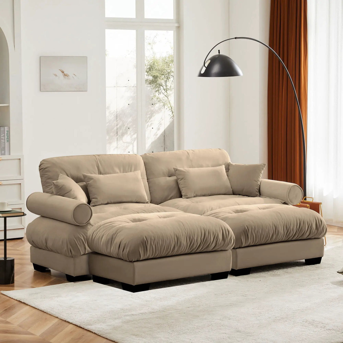 Modern Sectional Sofa With Ottoman, Round Bolster Armrests, Waist And Throw Pillows by Unique Piece Furniture