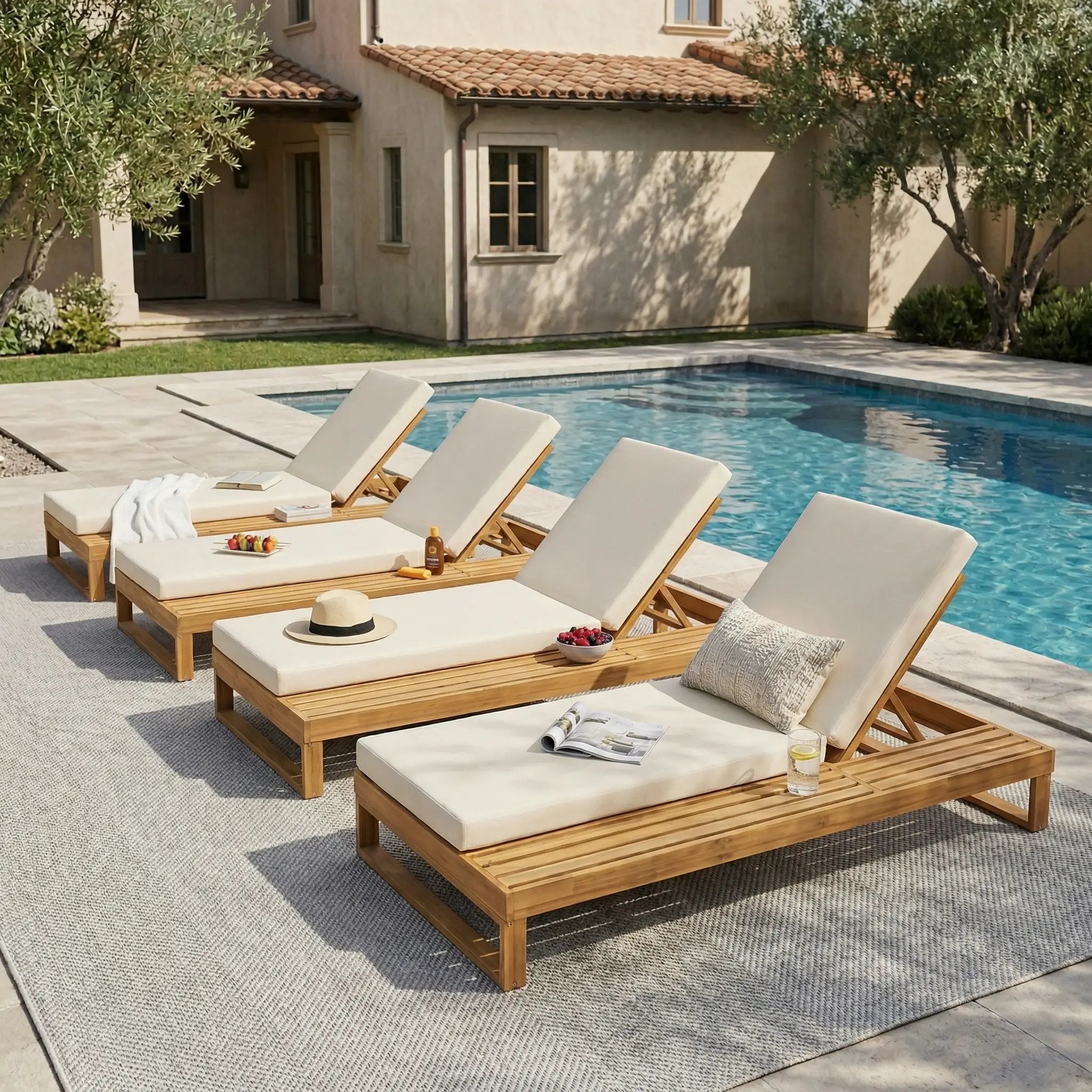 Teak Finish Acacia Wood Chaise Lounge with 4-Inch Cushion by HouseOfZazla