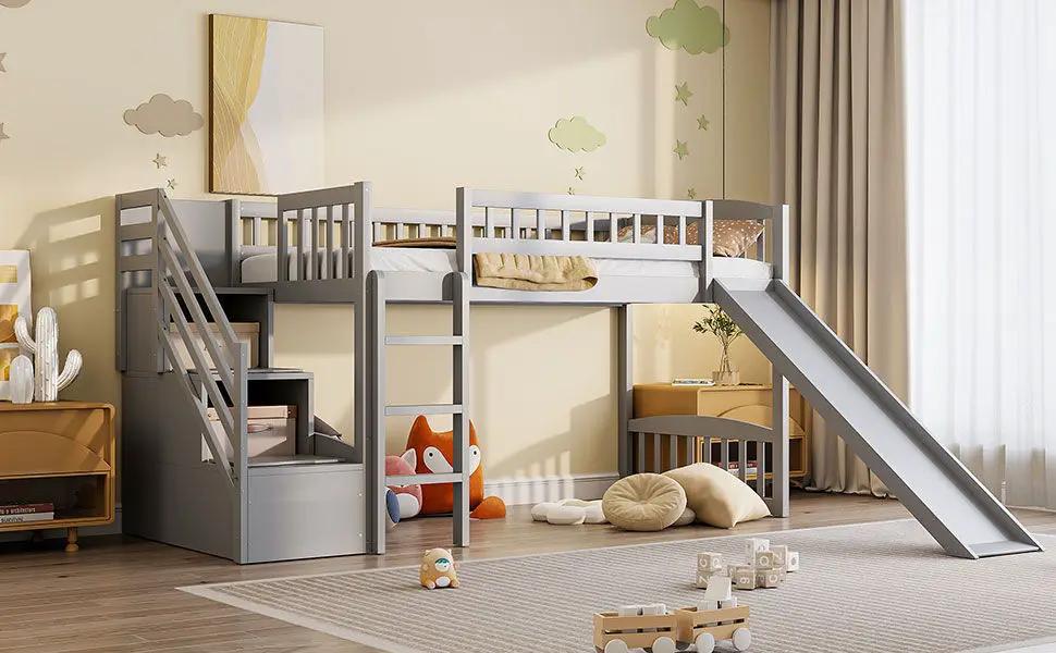 Loft Stairway Bed With 2 Drawers, Convertible Ladder And Slide by HouseOfZazla