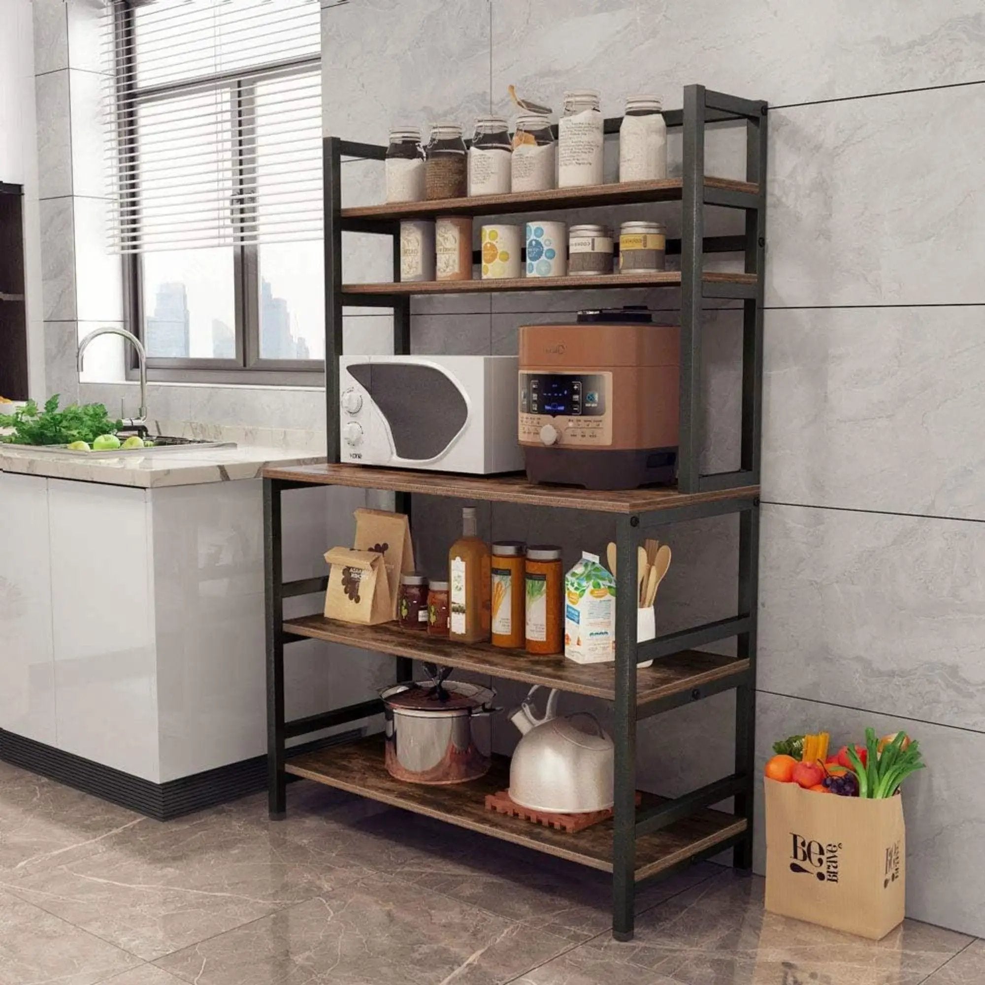 5 Tier Kitchen Bakers Rack With Hutch Microwave Stand, Freestanding Storage Organizer For Countertop - Black by HouseOfZazla