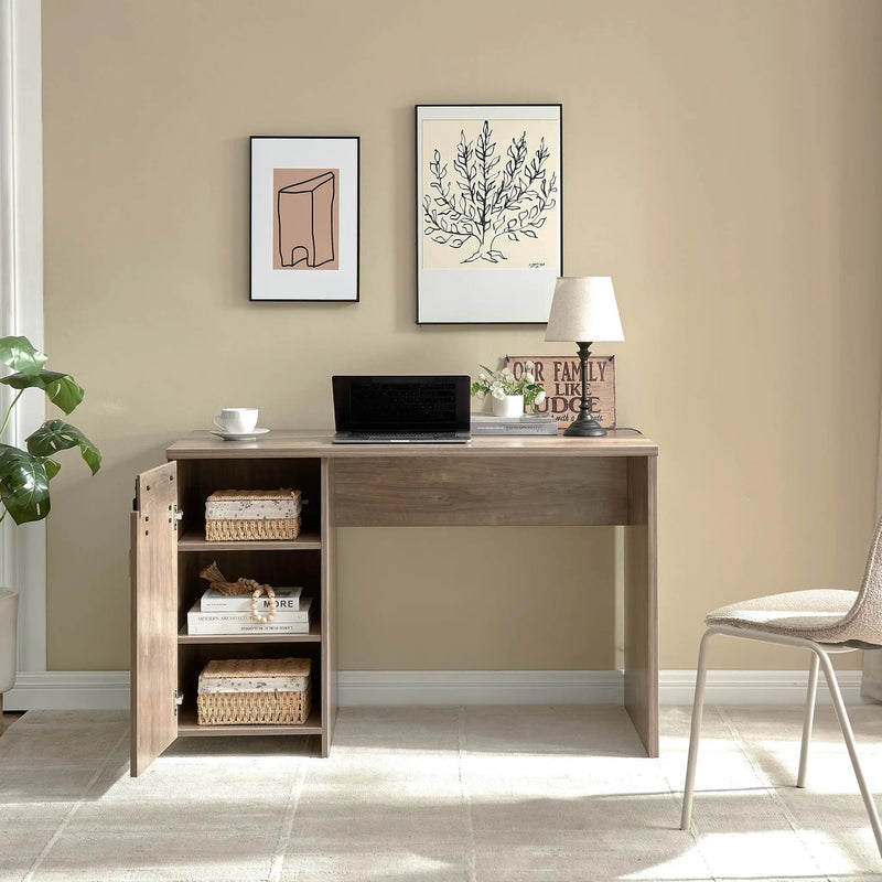 Home Office Desk Hazelnut One Cabinet Three Shelves Faux Barn Door On Metal Euro Hinges Modesty Panel - Light Brown by Unique Piece Furniture