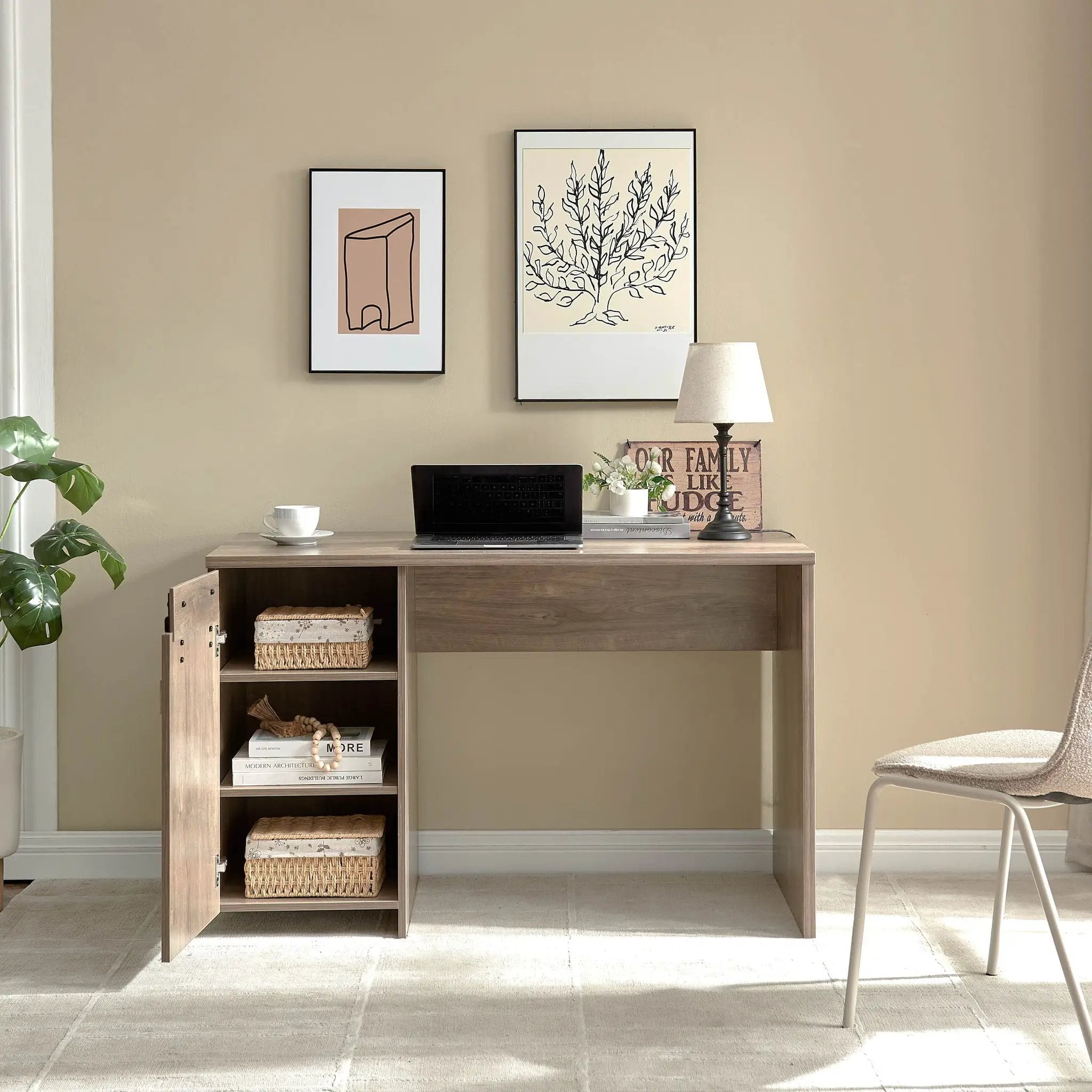 Home Office Desk Hazelnut One Cabinet Three Shelves Faux Barn Door On Metal Euro Hinges Modesty Panel - Light Brown by HouseOfZazla