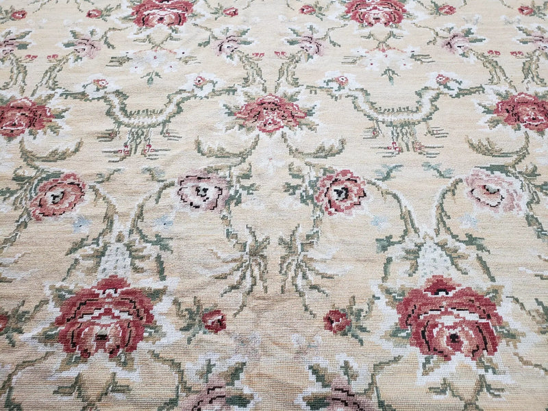Needlepoint Rug 10x14 Wool Flatweave Carpet, English Floral Pattern, Pale Yellow, Roses, Allover Pattern, Handmade Large Needlepoint Nice by Jewel Rugs