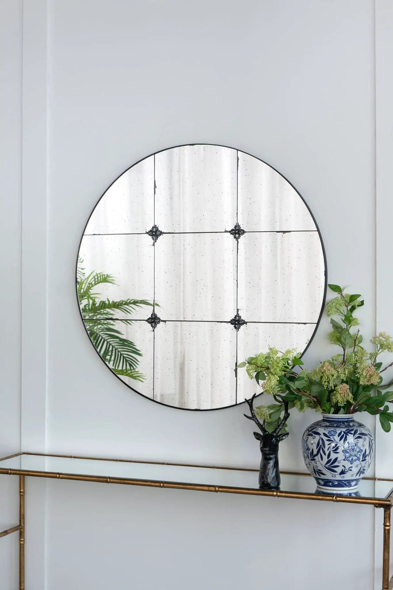 Traditional Decor Style Round Antique Glass Wall Mirror, Wall Decor For For Bathroom Entryway Console Lean Against Wall - Black by HouseOfZazla