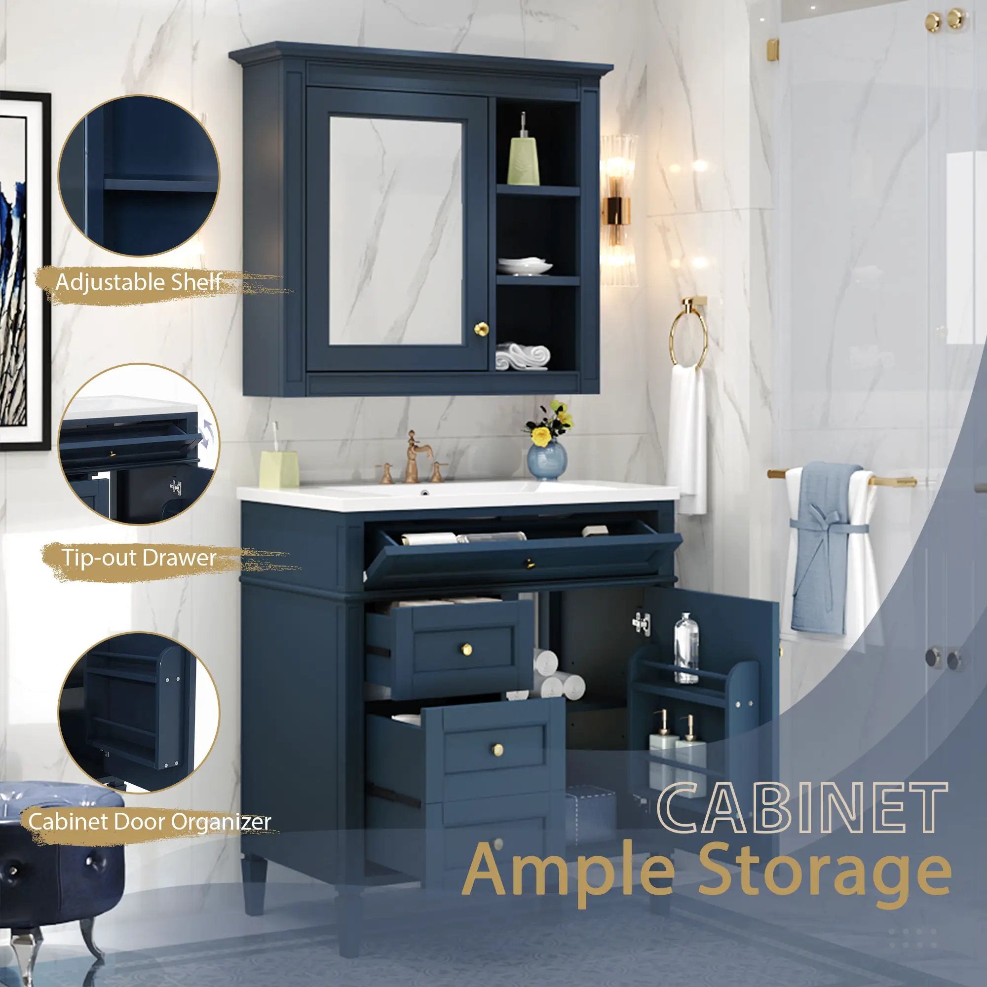 Bathroom Vanity With Medicine Cabinet, Royal Mirror Cabinet, Modern Bathroom Storage Cabinet With 2 Soft Closing Doors And 4 Drawers by HouseOfZazla