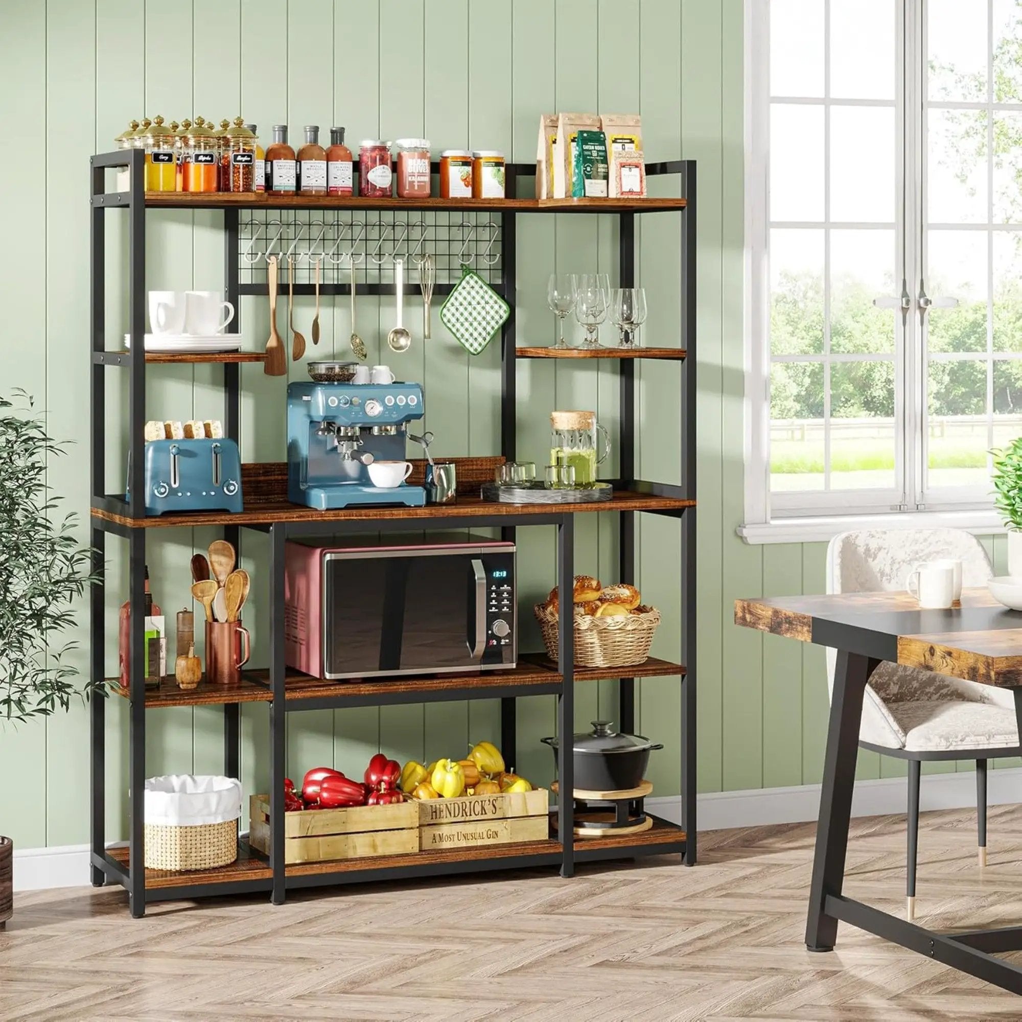 Baker's Rack With Hutch, 5 Tier Kitchen Storage Shelf, Freestanding Utility Pantry Organizer With Hooks And Microwave Stand - Black by HouseOfZazla