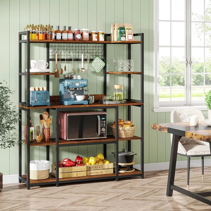 Baker's Rack With Hutch, 5 Tier Kitchen Storage Shelf, Freestanding Utility Pantry Organizer With Hooks And Microwave Stand - Black by HouseOfZazla