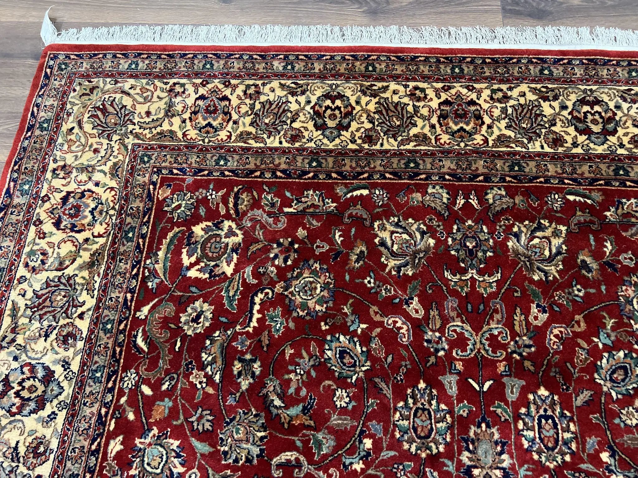 Vintage Indo Persian Rug 6x9, Very Finely Hand-Knotted Carpet 6 x 9 Red Cream Indian Oriental Carpet, Traditional Floral Wool Area Rug 1970s by Jewel Rugs