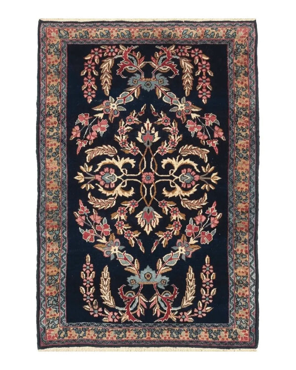 Antique Persian Kerman Rug 2.8 x 4, Navy Blue, Floral