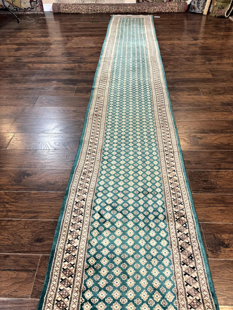 Long Pakistani Runner Rug 2.8 x 20, Hand Knotted Vintage Wool Hallway Rug, Turkoman Rug, Teal and Tan, Handmade Vintage Wool Runner by Jewel Rugs
