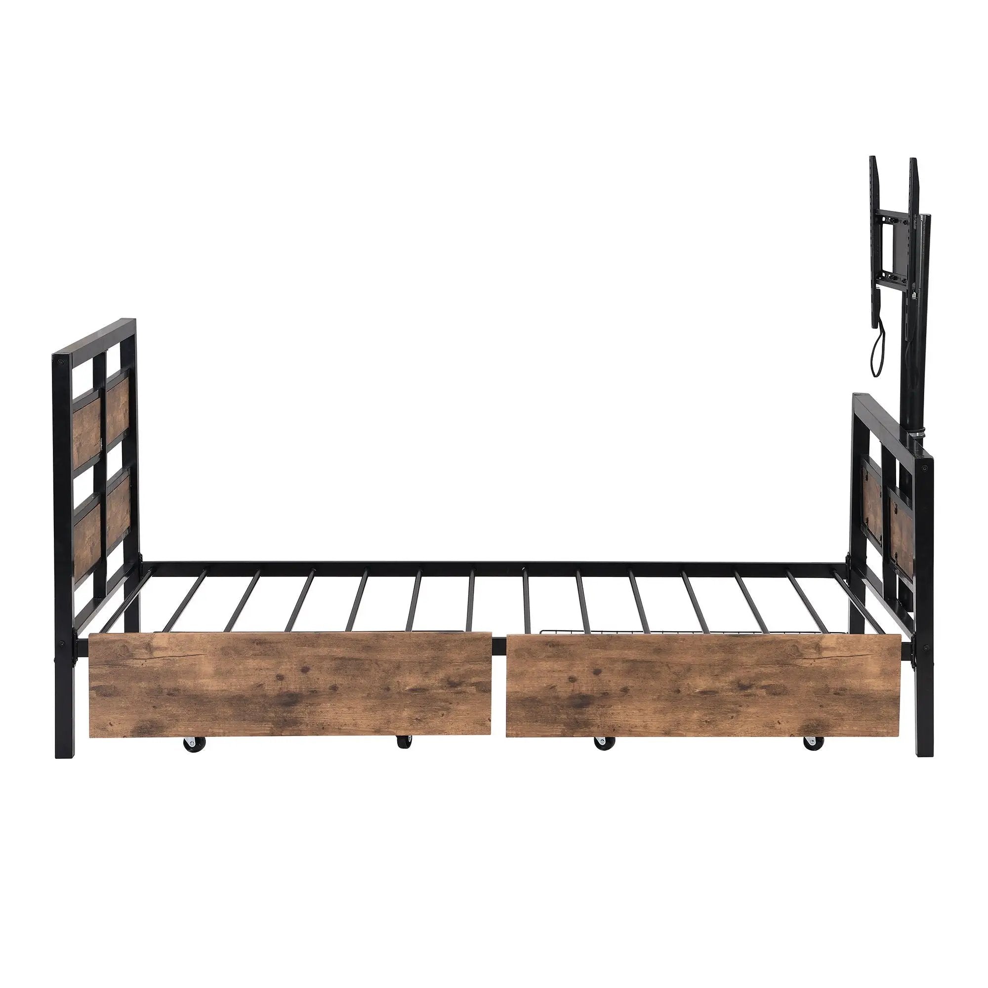 Twin Size Platform Bed With Headboard And Footboard, 2 Storage Drawers And Rotatable TV Stand - Black by HouseOfZazla