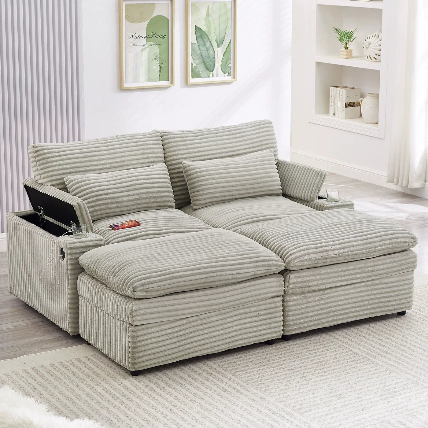 Convertible Loveseat Sofa With Storage, USB Ports, Cup Holders by HouseOfZazla