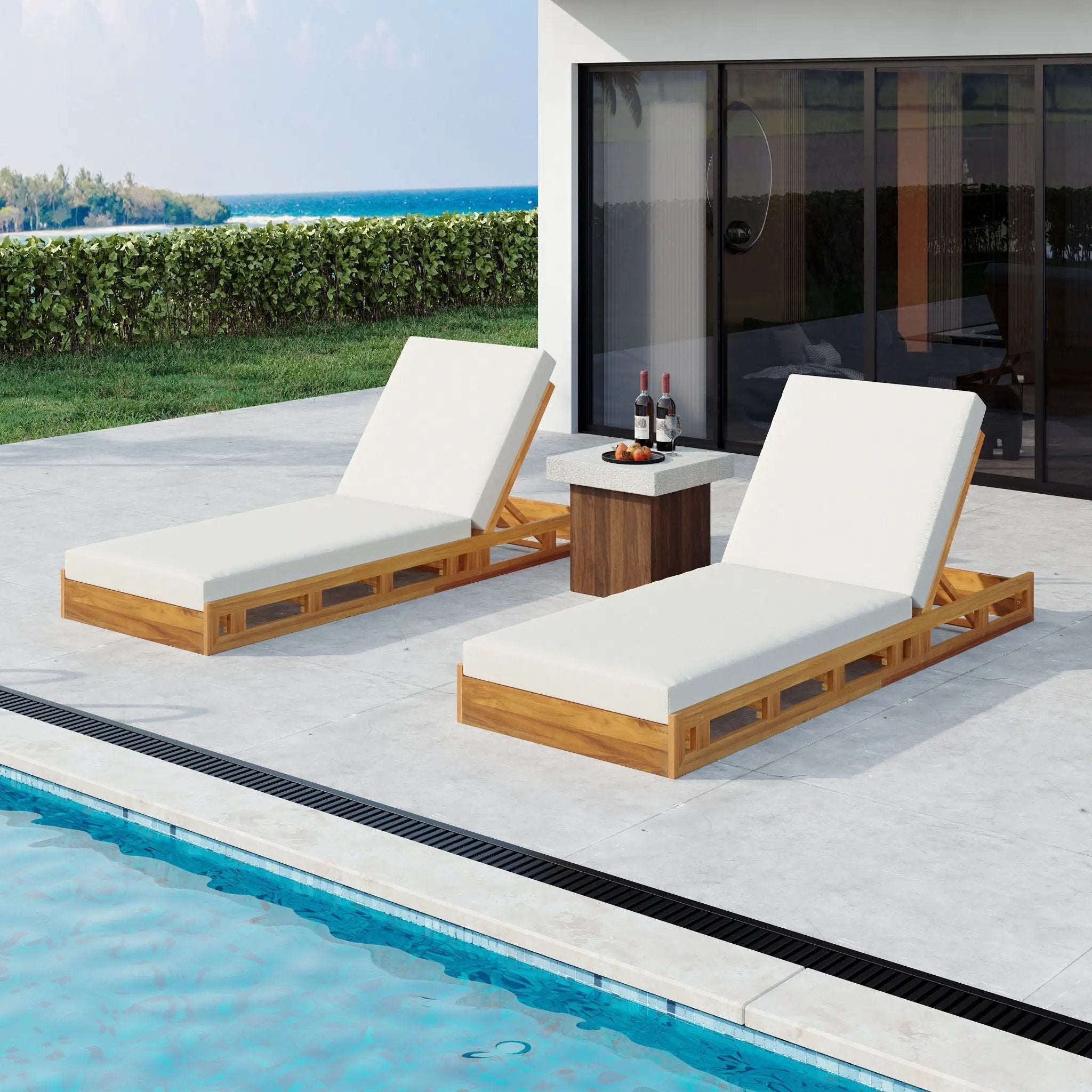 Premium Acacia Wood Lounge Chaise Set With Water Resistant Cushions, Adjustable Recline - Cream / Teak by HouseOfZazla