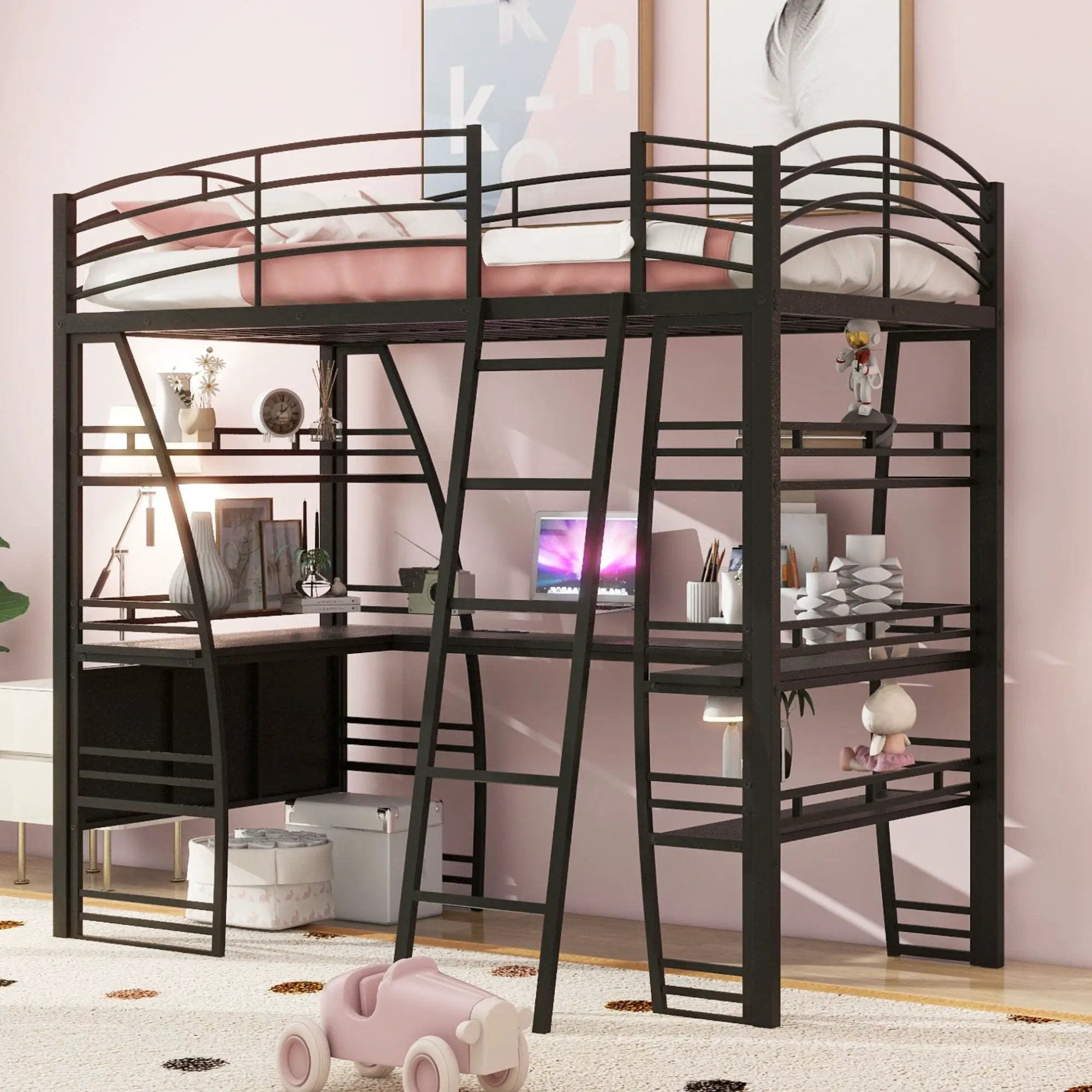 Loft Bed With 4 Layers Of Shelves And L-Shaped Desk, Stylish Metal Frame Bed With A Set Of Sockets, USB Ports And And Wireless Charging by Unique Piece Furniture