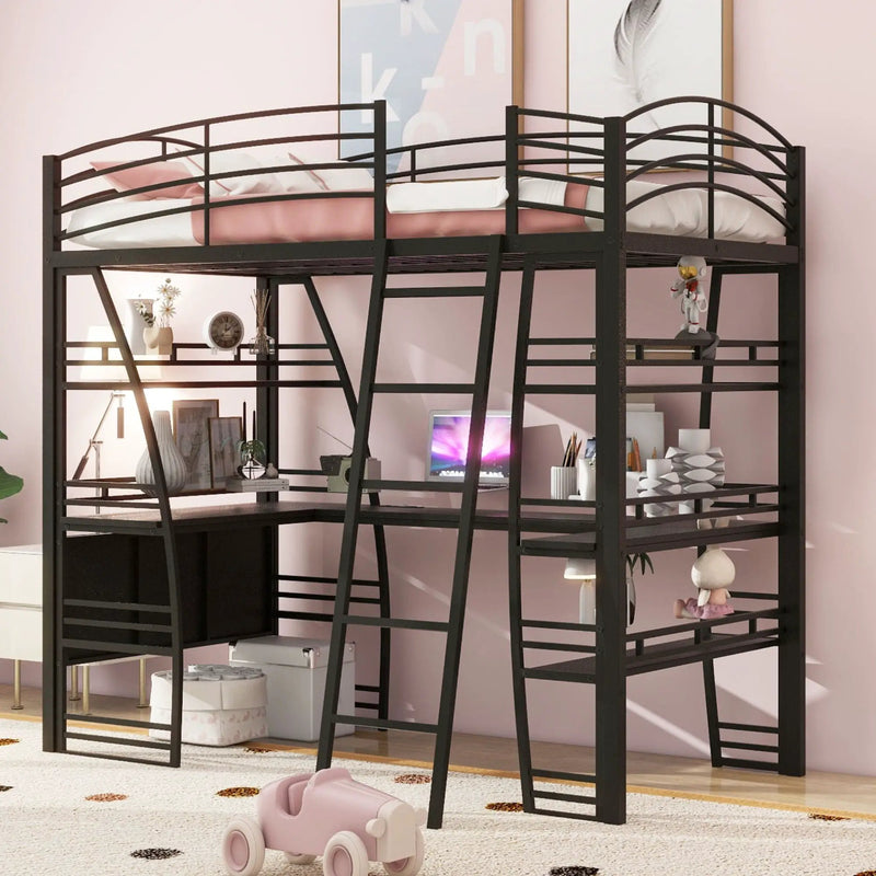 Loft Bed With 4 Layers Of Shelves And L-Shaped Desk, Stylish Metal Frame Bed With A Set Of Sockets, USB Ports And And Wireless Charging by HouseOfZazla