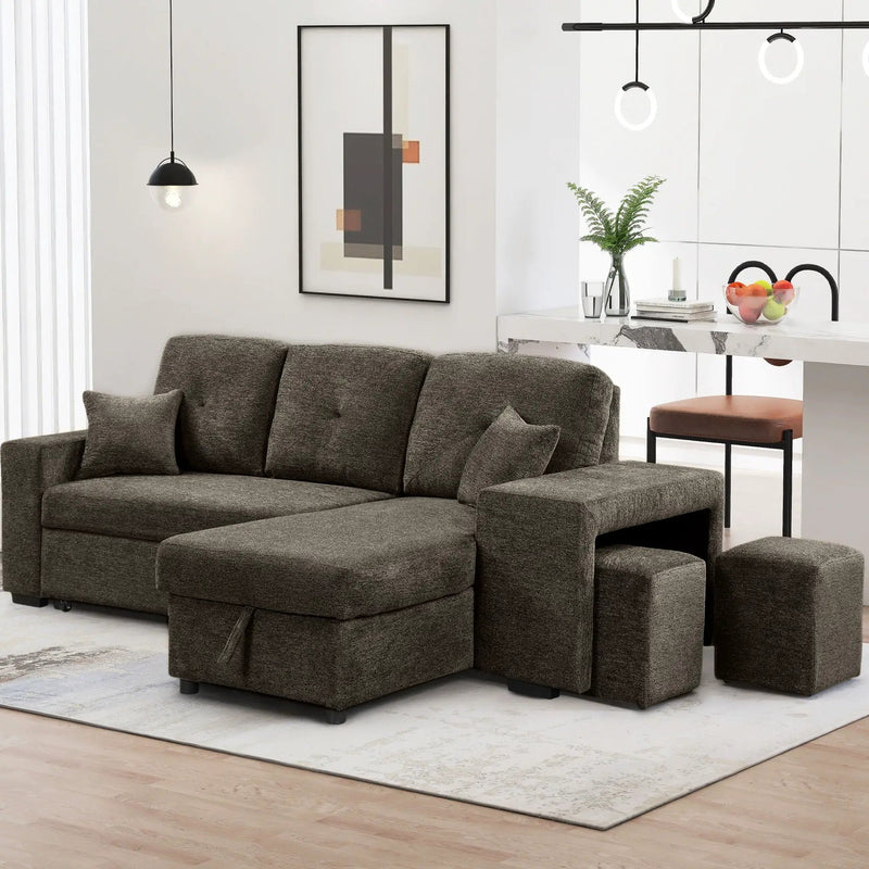 Reversible Sleeper Sectional Sofa Bed With Side Shelf And 2 Stools, Pull-Out L-Shaped Sofa Bed, Corner Sofa-Bed With Storage Chaise Left / Right Hande For Living Room by HouseOfZazla