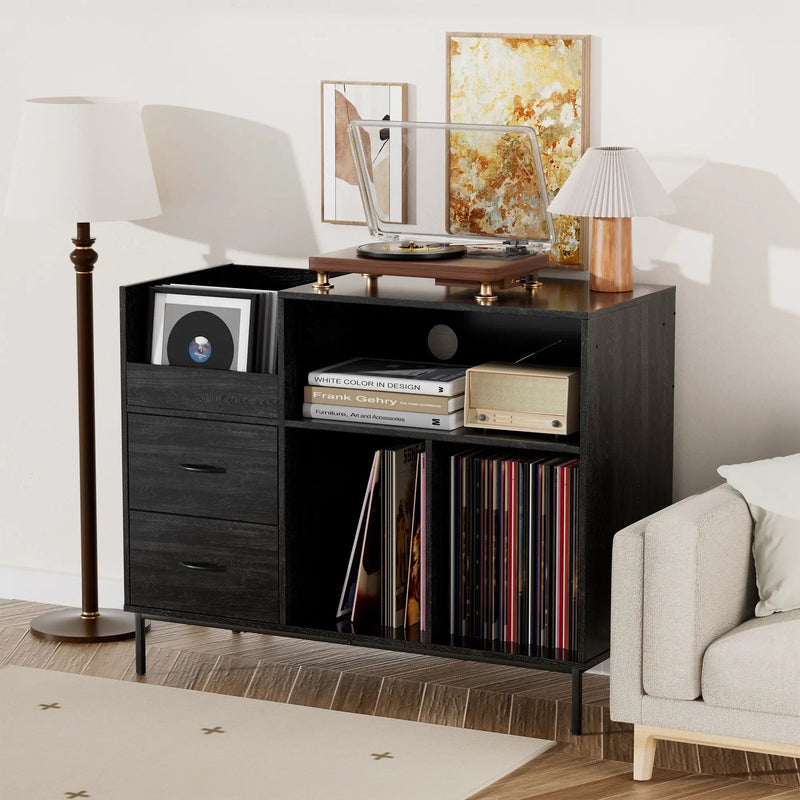 Grain Record Player Stand, Media Console With Speaker Shelf & 2 Drawers by HouseOfZazla