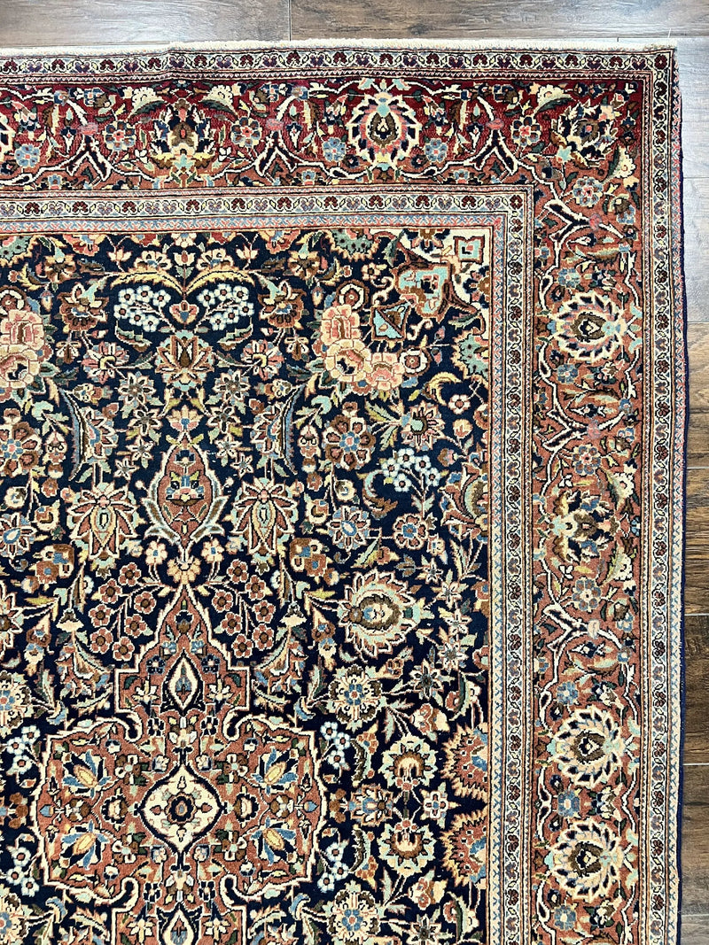Persian Kashan Rug 4x7, Floral Medallion Vintage Handmade Hand Knotted Navy Blue & Red Wool Oriental Carpet, Highly Detailed Semi Antique Rug by Jewel Rugs